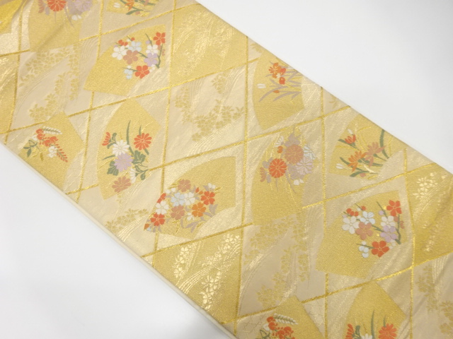 JAPANESE KIMONO / ANTIQUE FUKURO OBI / SILK / WOVEN DIAGONAL GRID & FLOWER